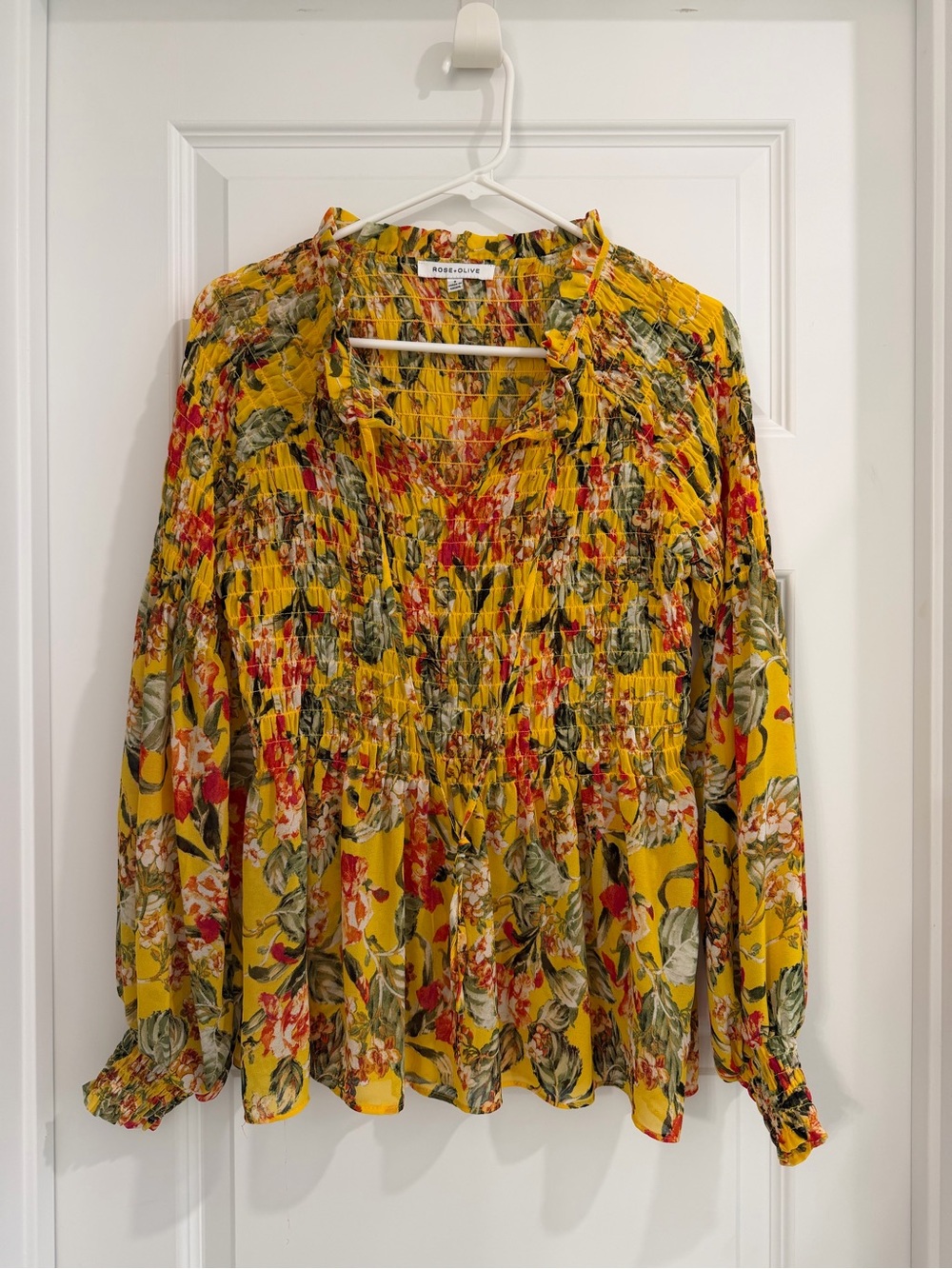 Yellow Floral Smocked Long-Sleeve Blouse